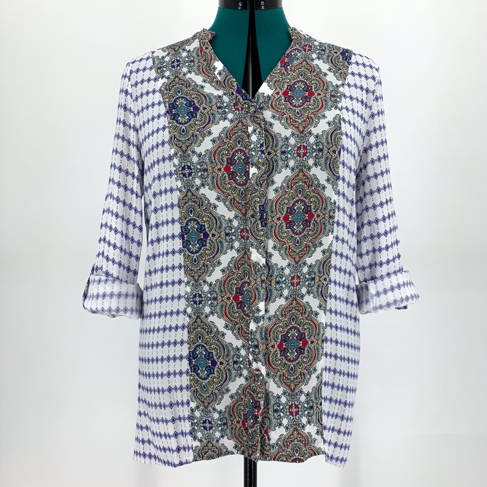 Kori Paisley Accent Boho Rolled Sleeve Button Down V-Neck Blouse, Medium